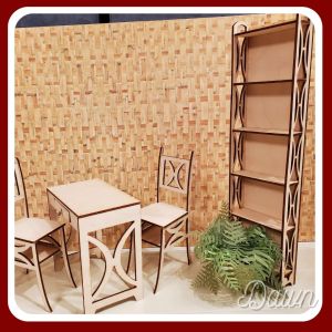 Laser cut bookshelf, desk, and two chairs - a Christmas 2022 gift for my miniature/doll collecting friend.